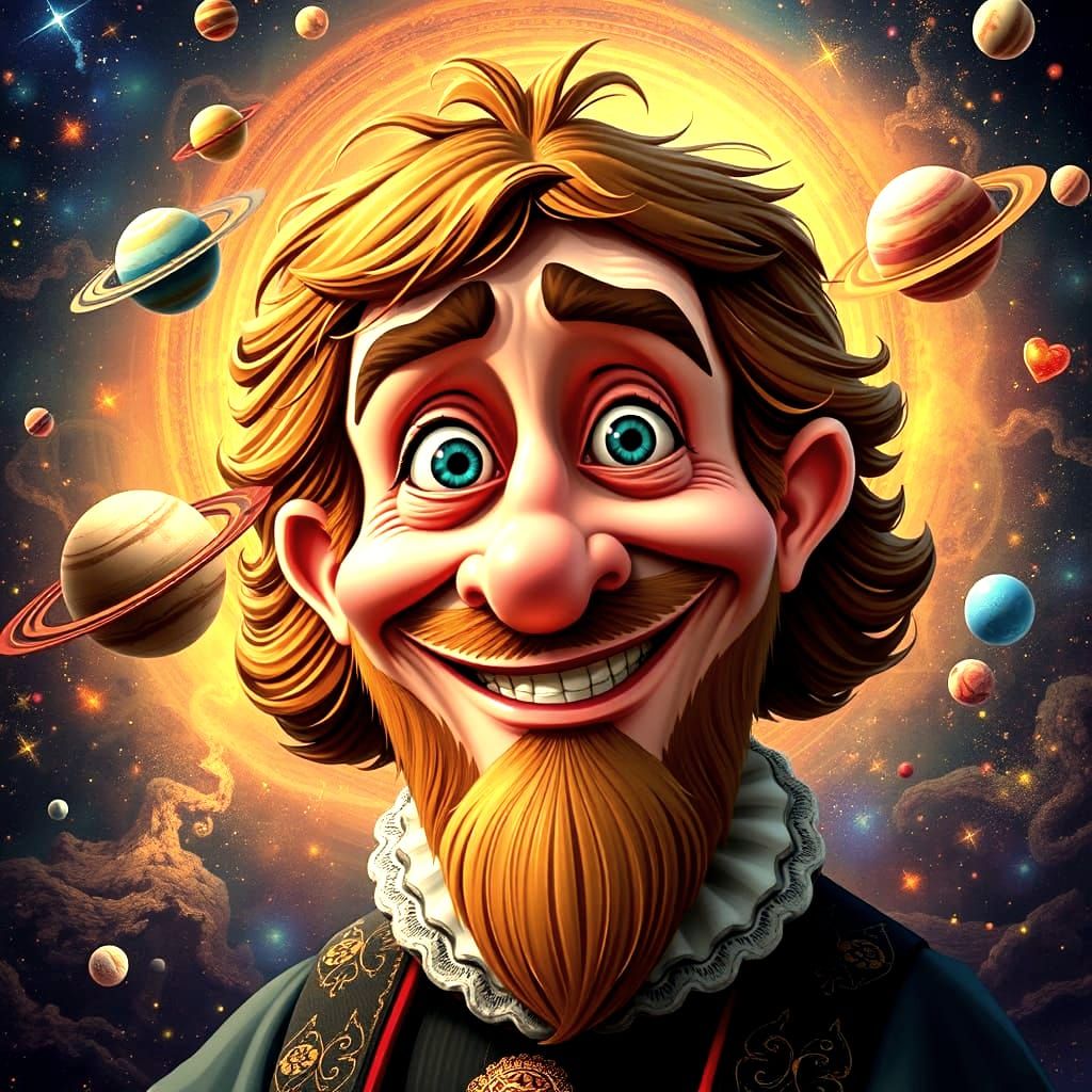 Nicolaus Copernicus Caricature with Orbiting Planets