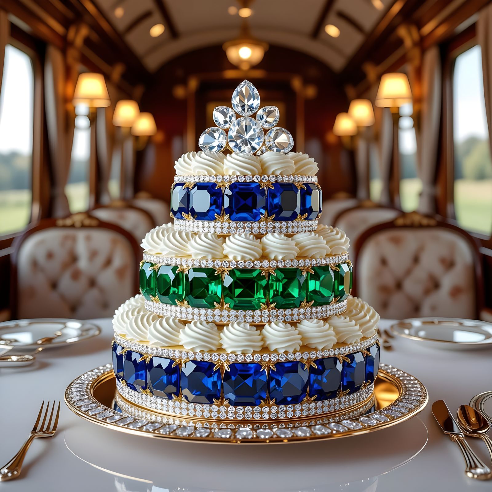 Gemstone Cake in Luxurious Dining Car, Hyperrealistic