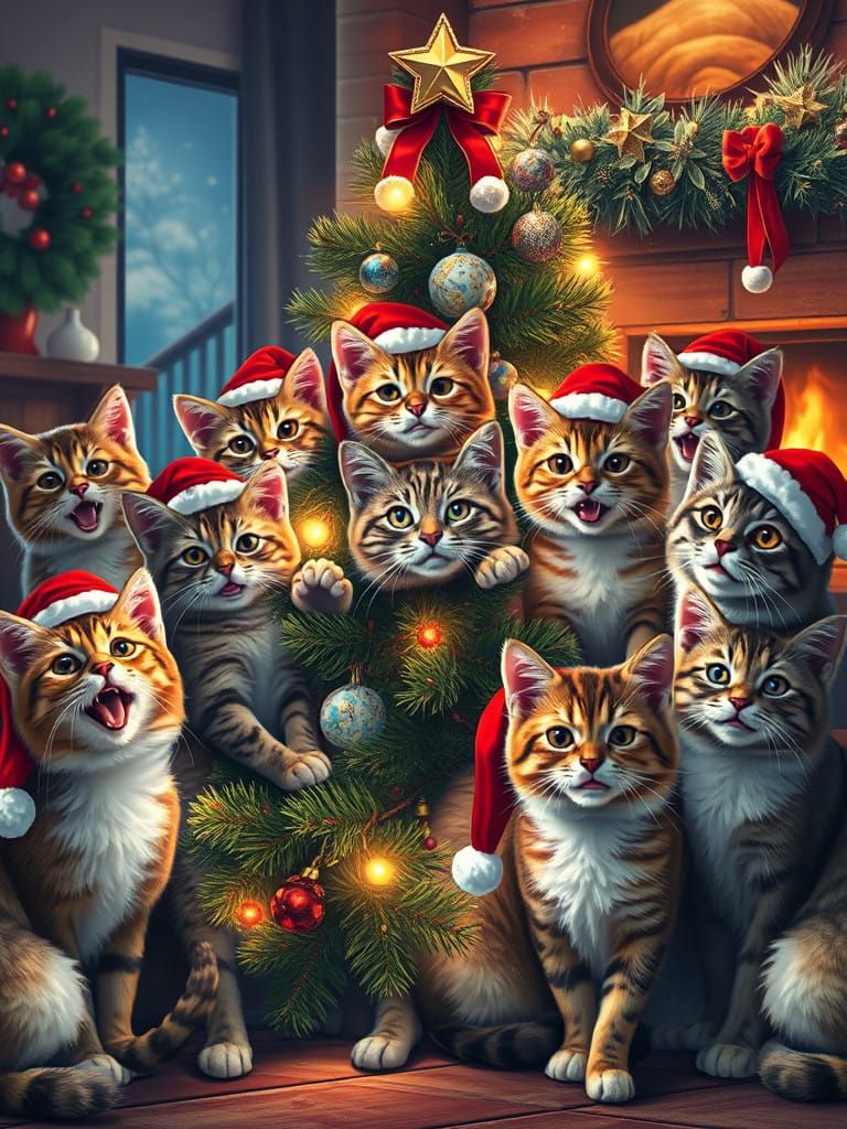 Vibrant Christmas Cats Gather Around a Splendid Fireplace