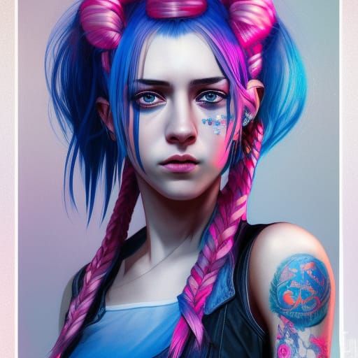 Punk Girl Portrait with Blue Braids in Art Nouveau Style
