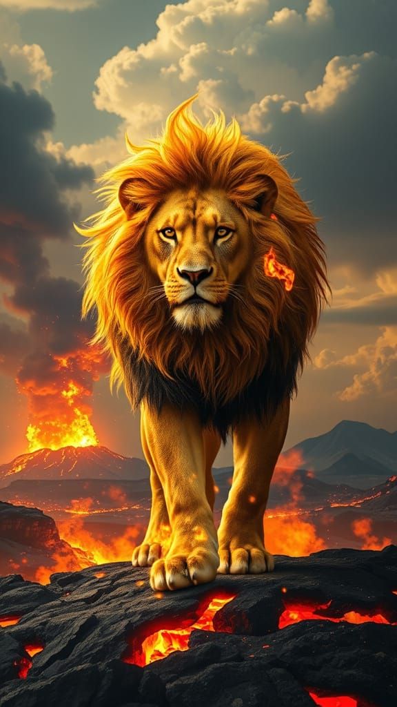 Golden Maned Lion Strides Across Volcanic Landscape