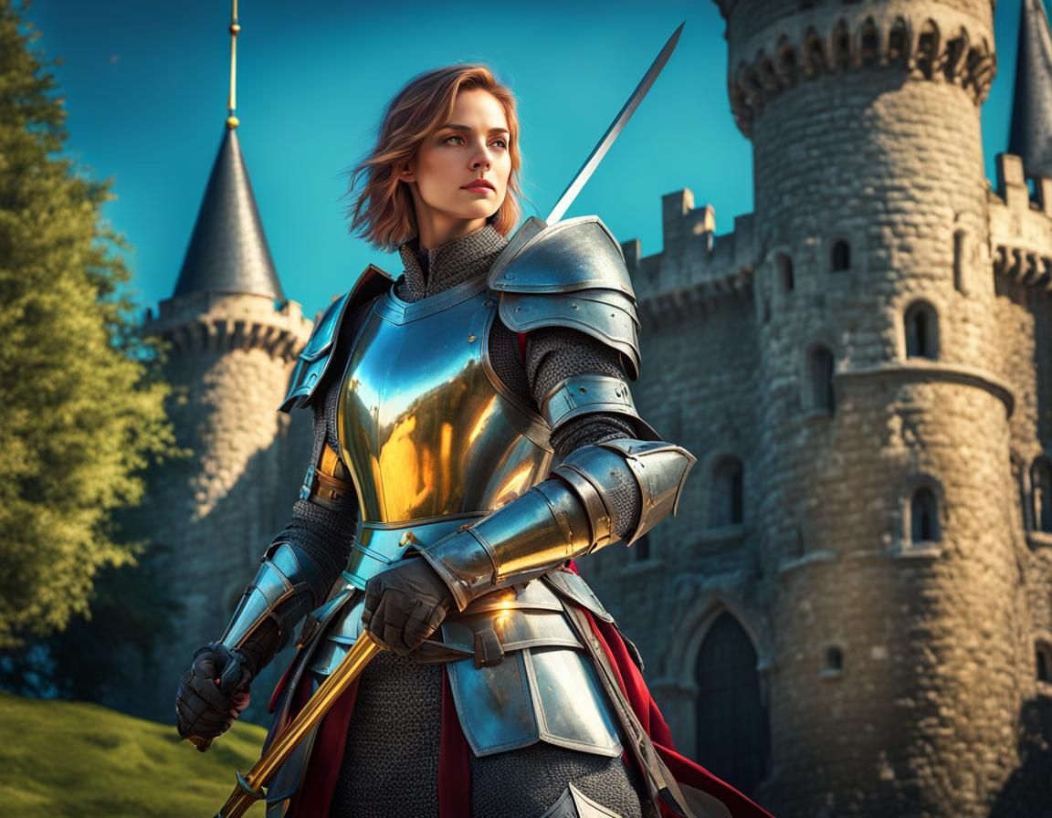 Armored Female Knight Stands Proud Before Castle
