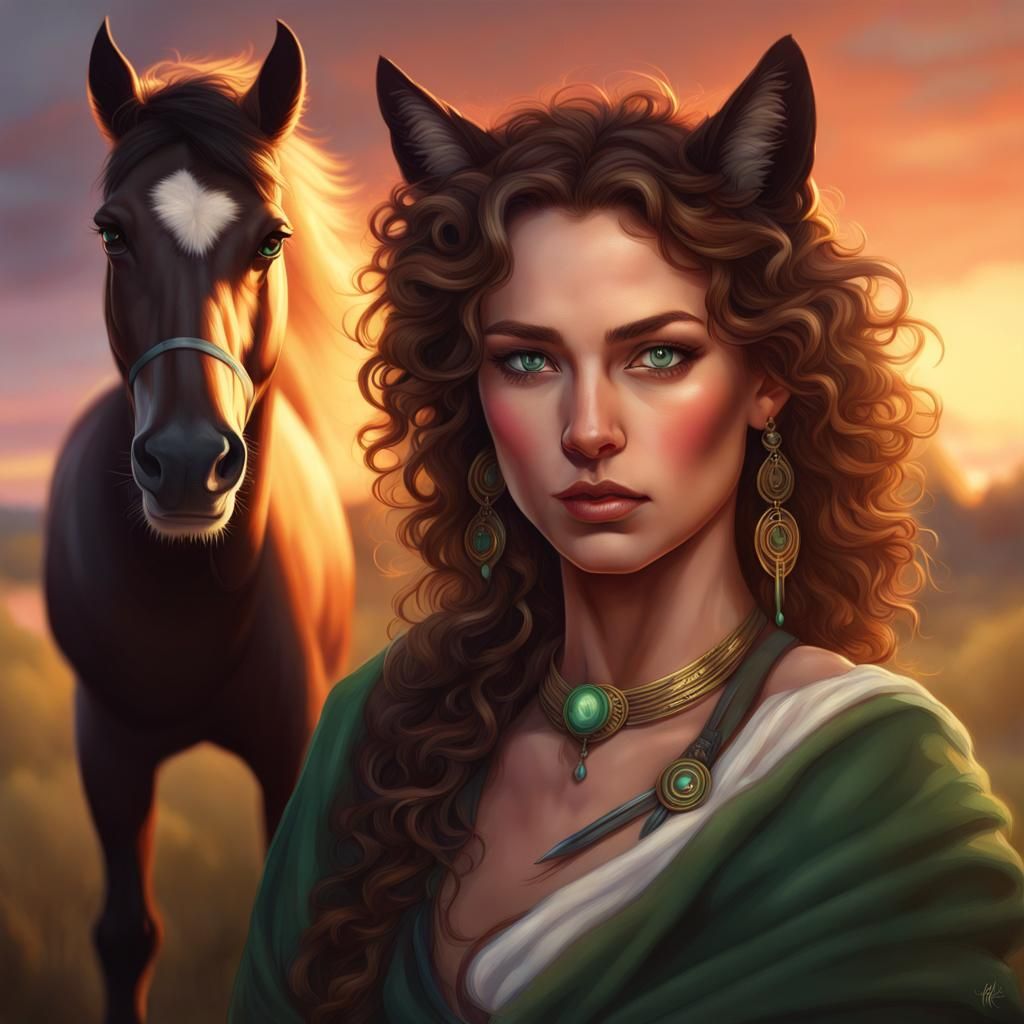 Medicine Woman with Animals by Bonfire, Digital Art