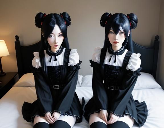 Twin Gothic Kitsunes Kissing in Bedroom