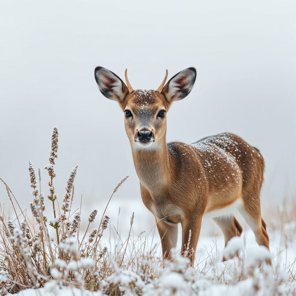Hyperrealistic Deer in Snowy Winter Landscape Painting