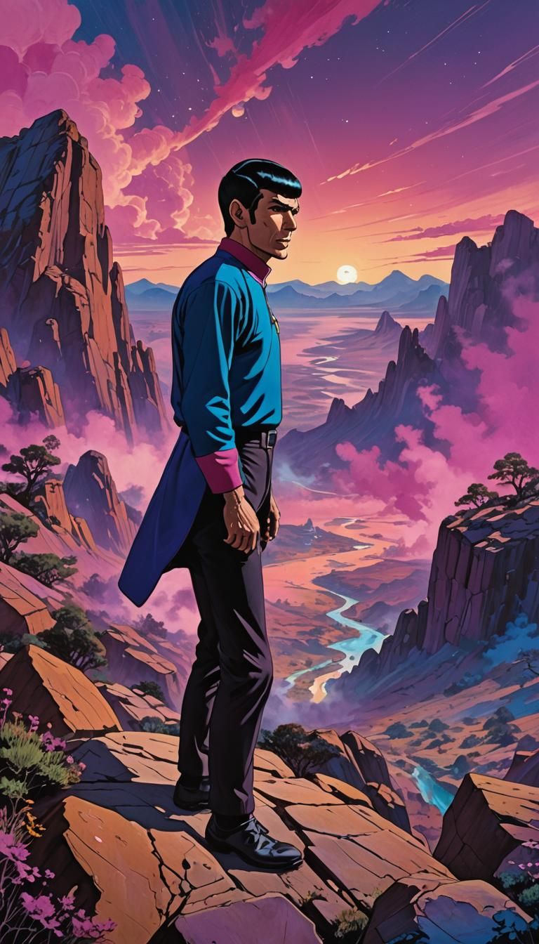 Spock Gazing at Psychedelic Sky, in Bakshi Style