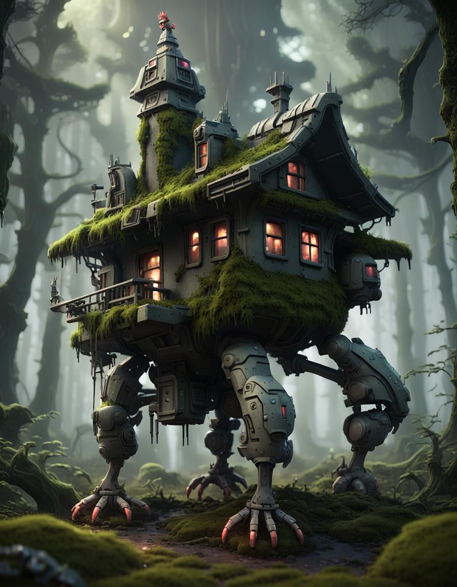 Mecha-House with Chicken Legs in Spooky Forest
