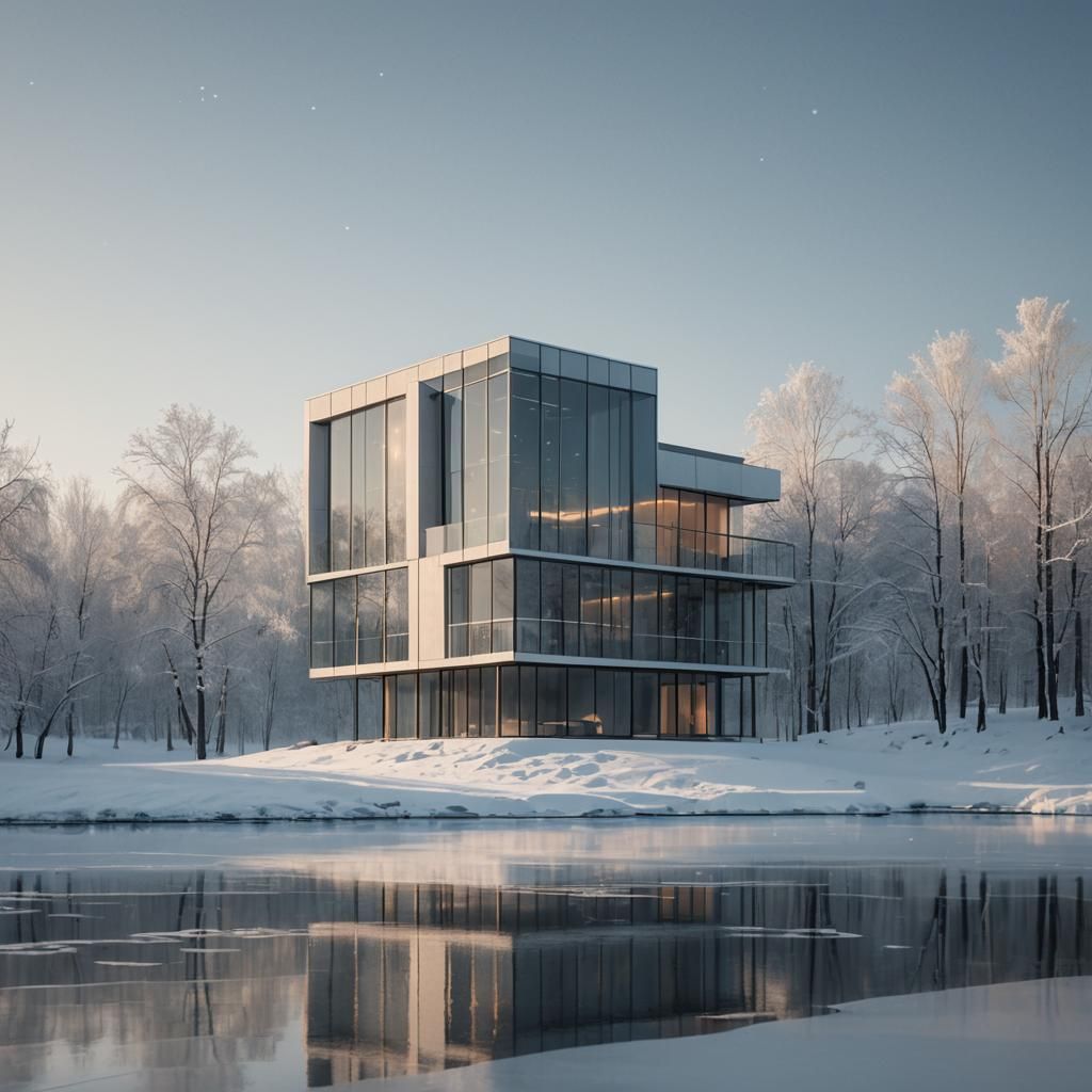 Minimalist Building at Frozen Lake: Modern Architecture