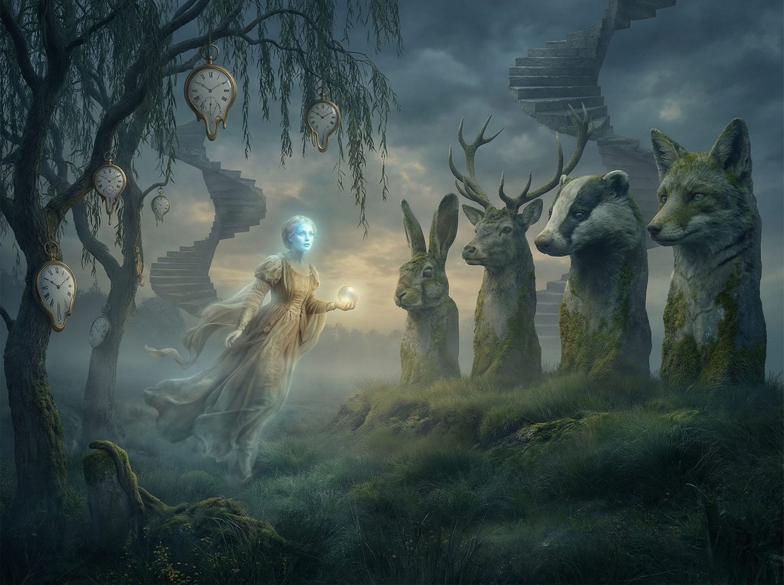 Ghost Woman in Surreal Dreamscape with Animal Moai