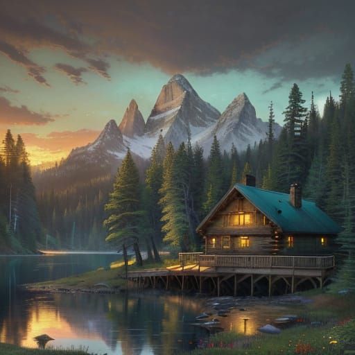 Golden Sunset Cabin Amidst Majestic Mountains and Lush Fores...