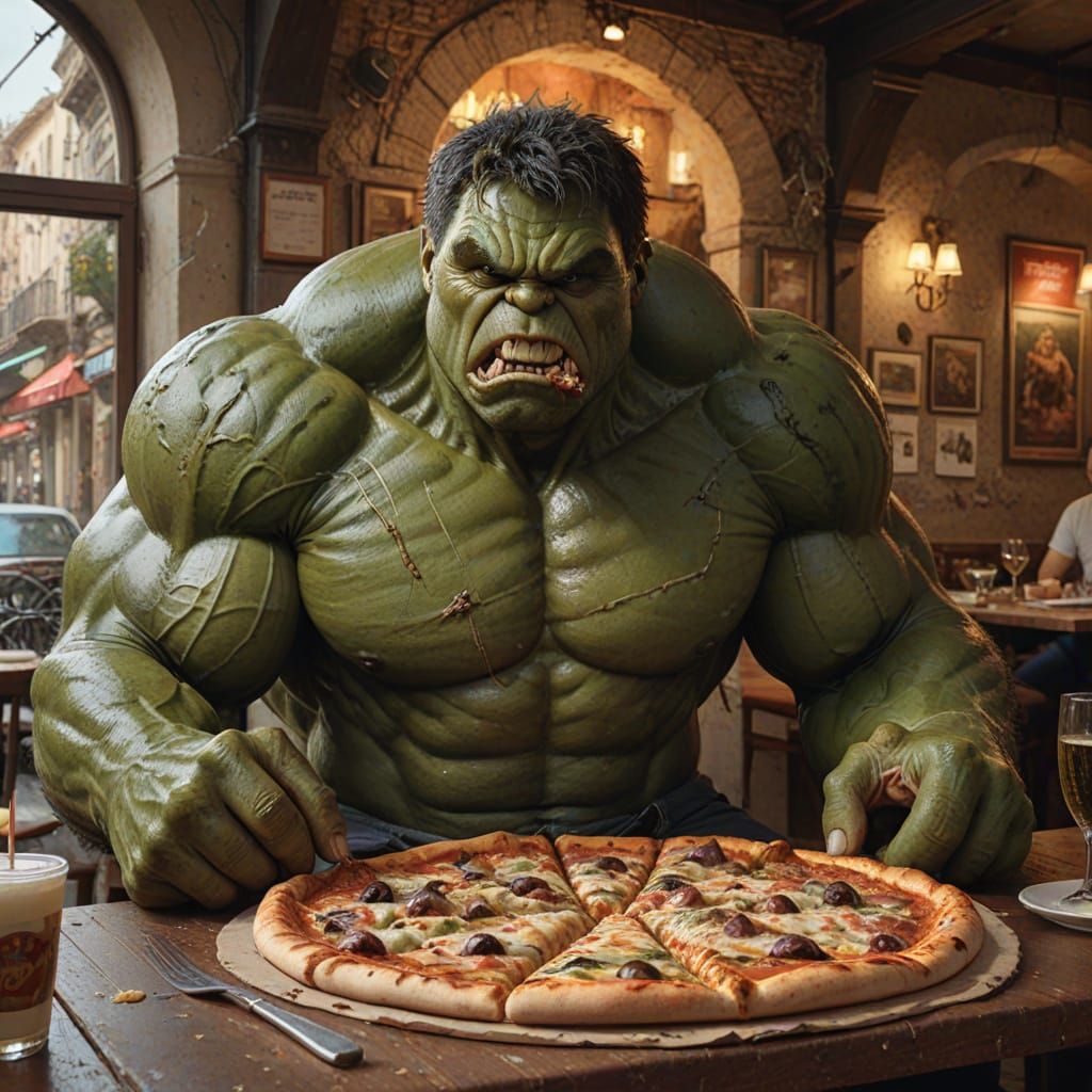 Hulk Eats Pizza: Hyper-Realistic Italian Restaurant Scene