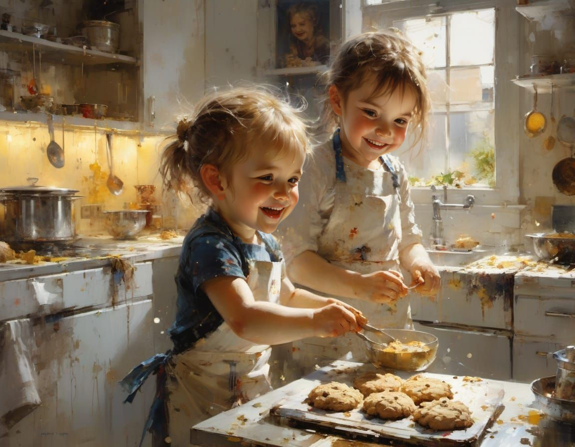 Toddler Siblings Baking Cookies: Fine Art Painting