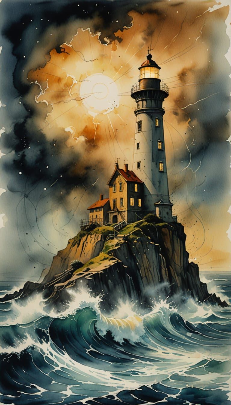 Stormy Ocean Lighthouse in Surreal Watercolor Style