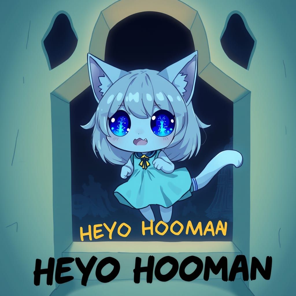 Spooky Synthwave Anime Catgirl Ghost in Cold Colors