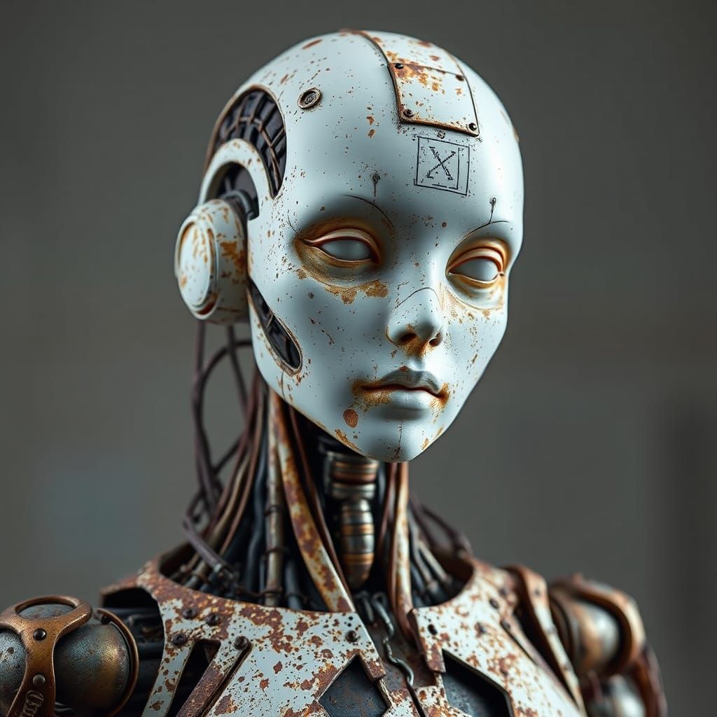 Haunted Robot Android Goddess in Whimsical Dark Fantasy