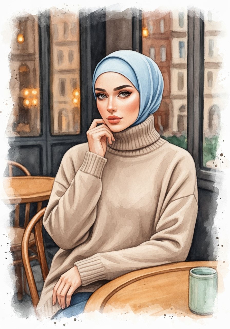 Cozy Cafe Scene With Hijabi Woman In Watercolor