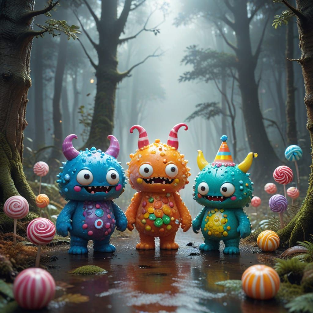 Adorable Candy Monsters in Foggy Forest, Japanese Pop Surrea...