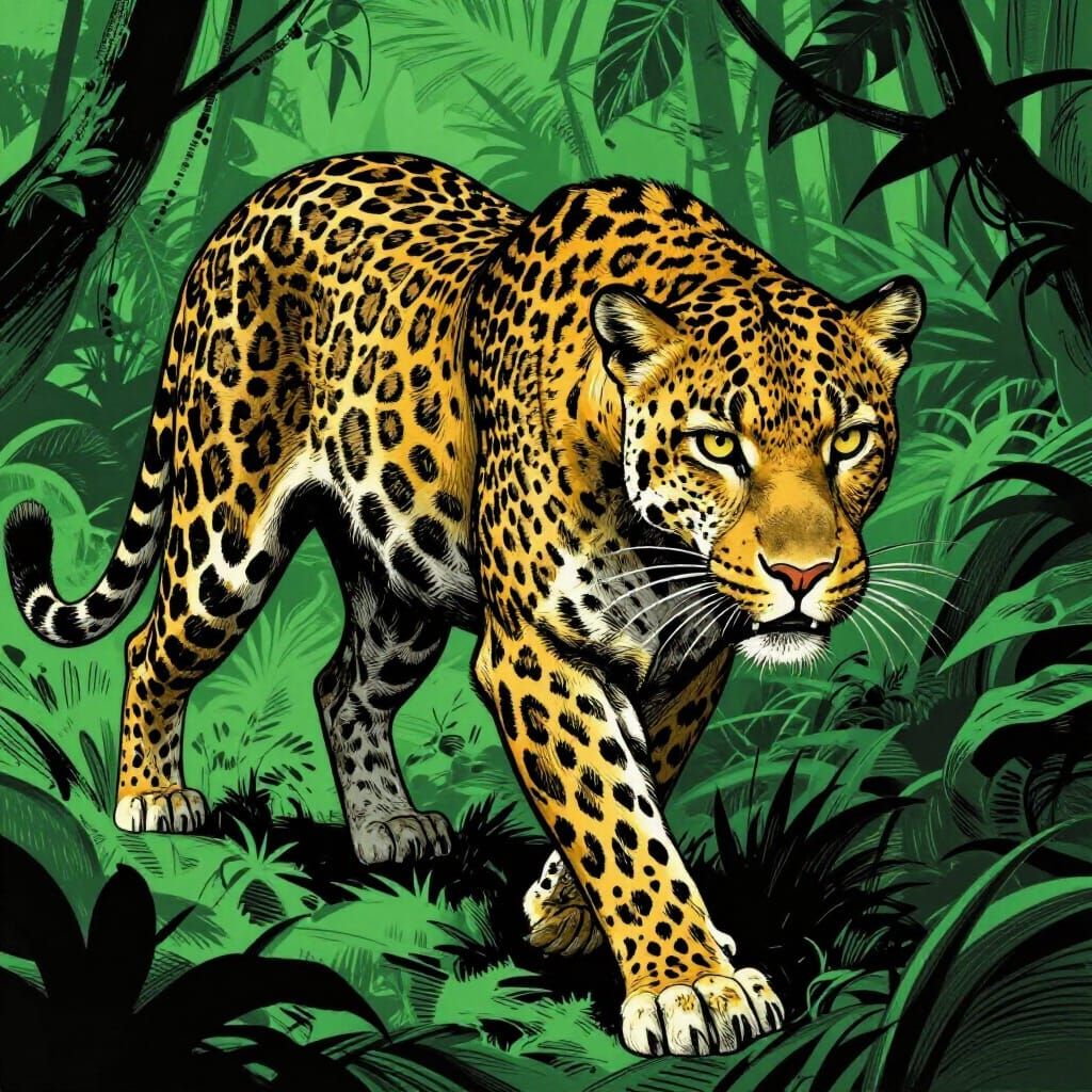 Ferocious Leopard Stalking in Dramatic Line Art Style