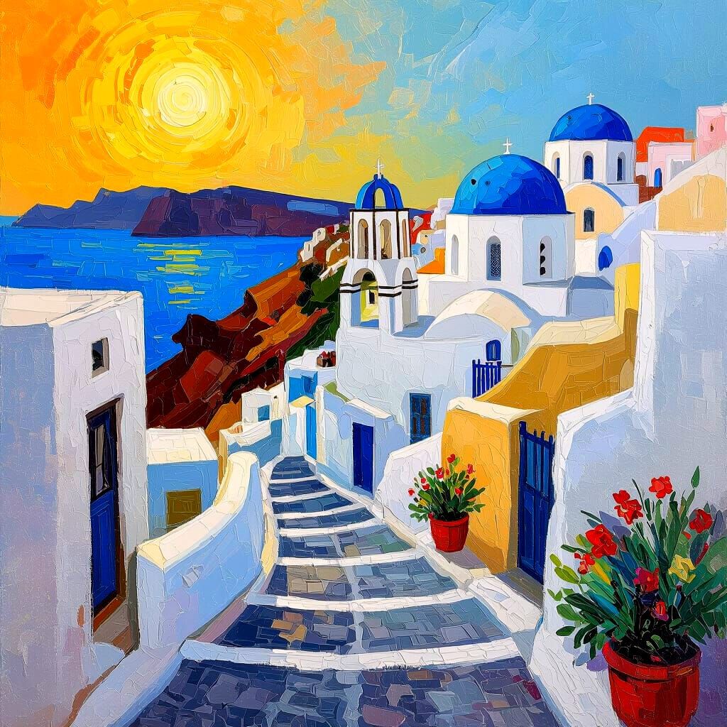 Santorini Street Scene in Impasto Style