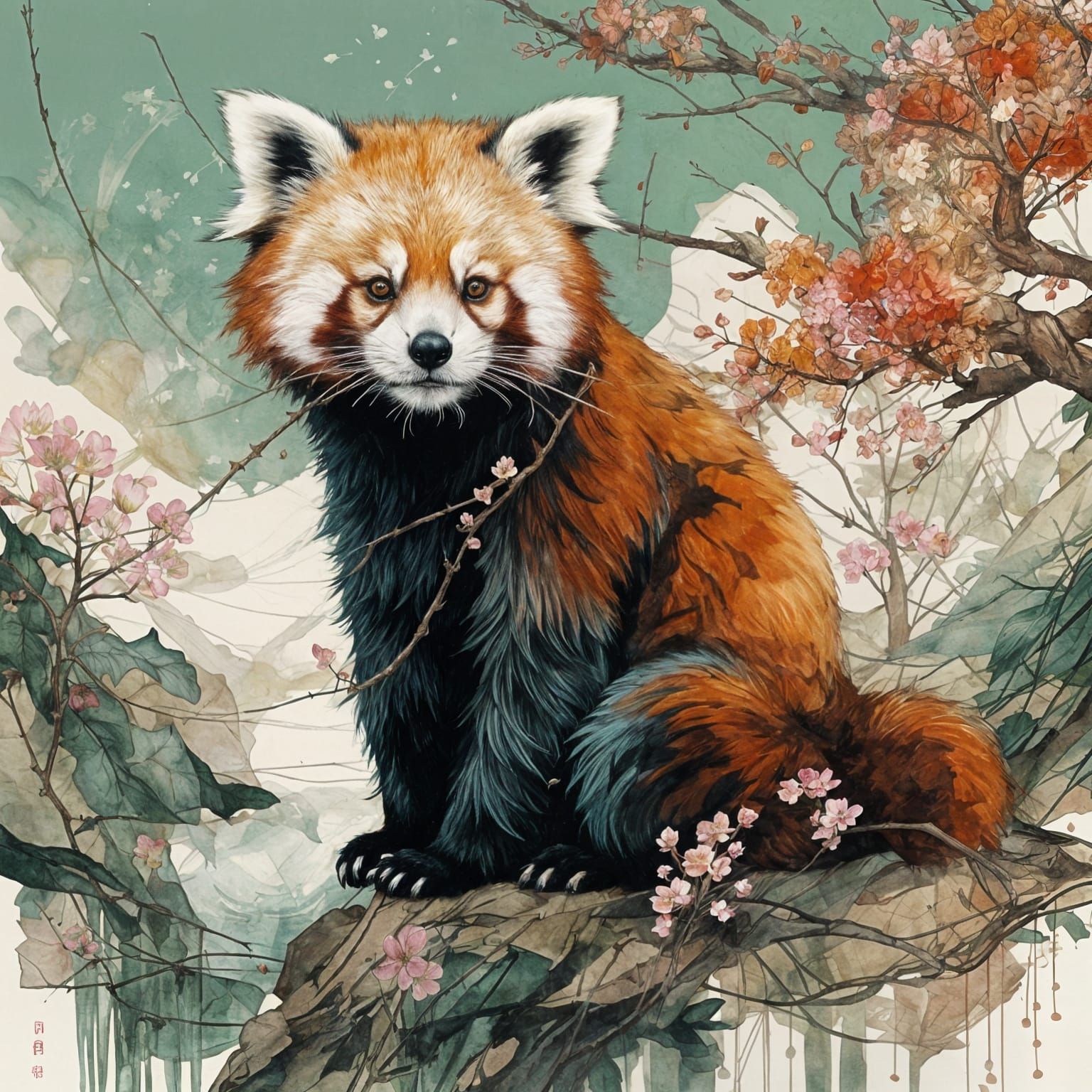 Red Panda in Ornate Hanfu, Chinese Landscape