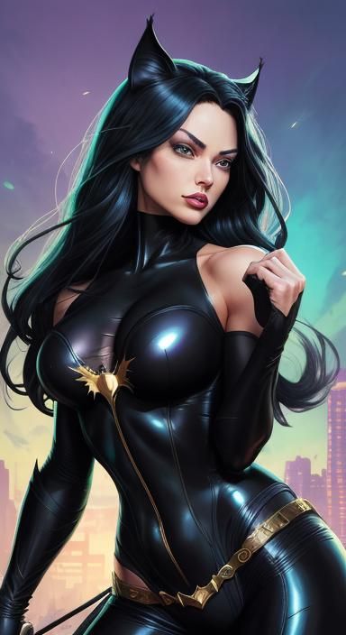 Swift as Catwoman, zoomed out, Hourglass form. Neon colors t...