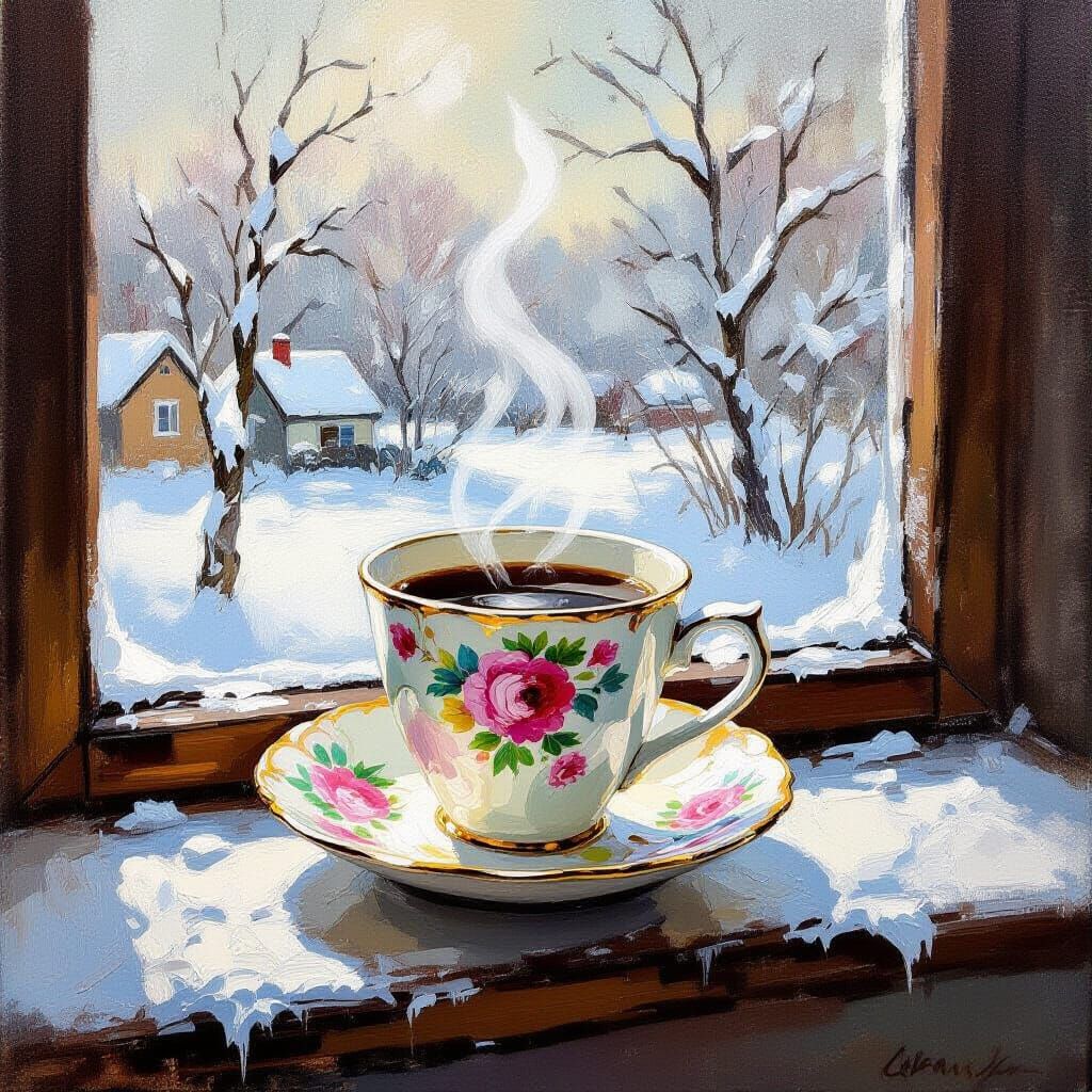Vintage Coffee Cup in Impasto Winter Scene