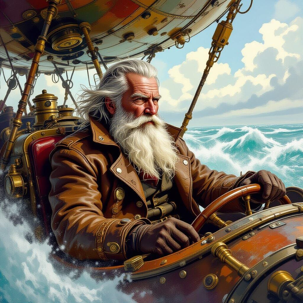 Steampunk Pilot Navigates Stormy Skies as Gouache Painting