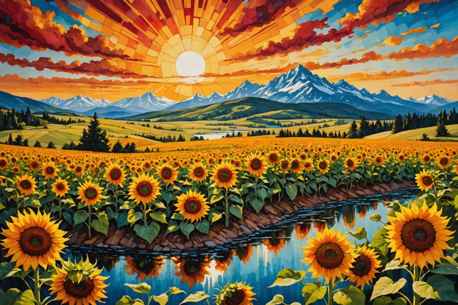 Sunflower Field Landscape Painting in Oil and Watercolor