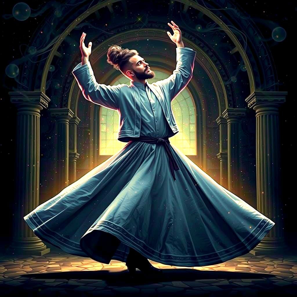 Ethereal Figure Dancing in Cosmic Vortex