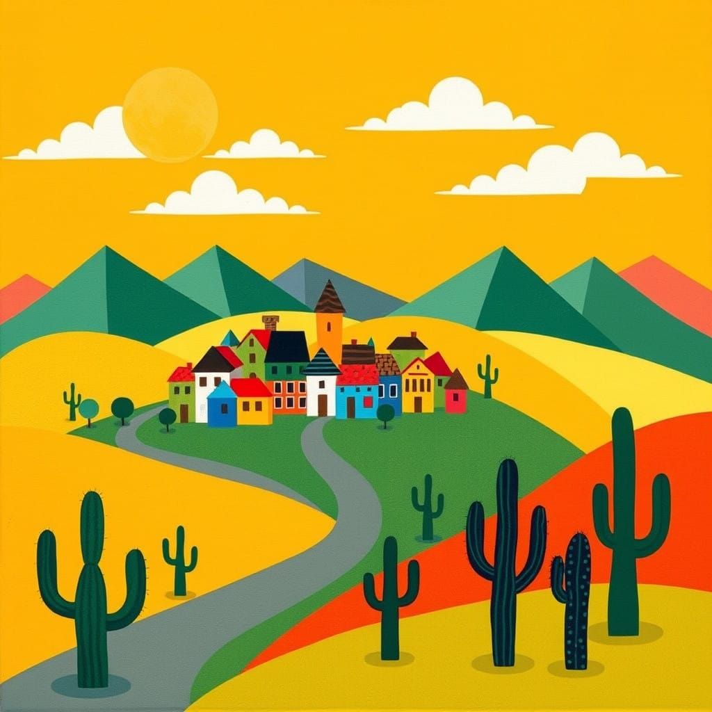 Whimsical Village in Geometric Hilly Landscape