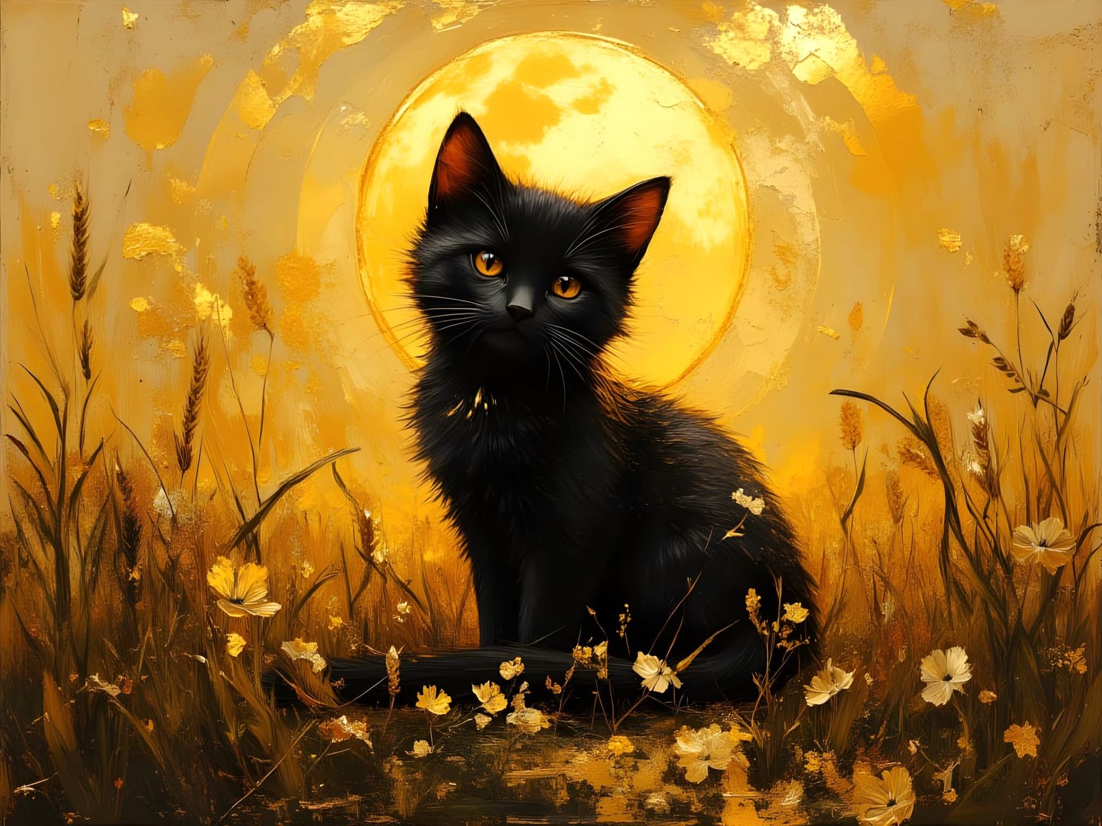 Graceful Black Cat in Golden Wheat Field