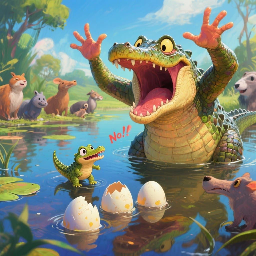 Mother Crocodile Reacts to Chibi Hatchling in Airbrush Art