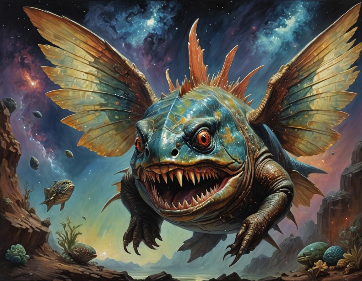 Giant Winged Cosmic Piranha in Oil Painting Style