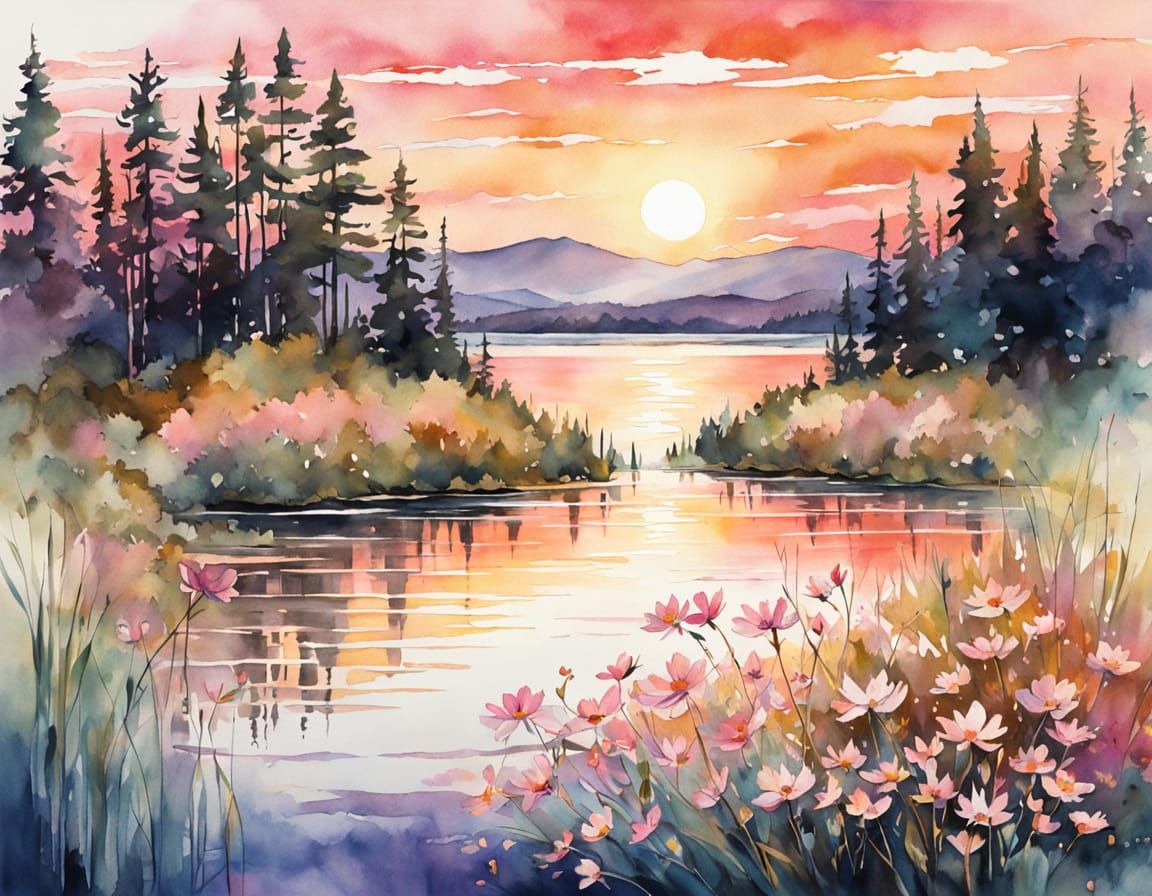 Watercolor Sunset Over Lake with Pine Trees and Cosmos Flowe...