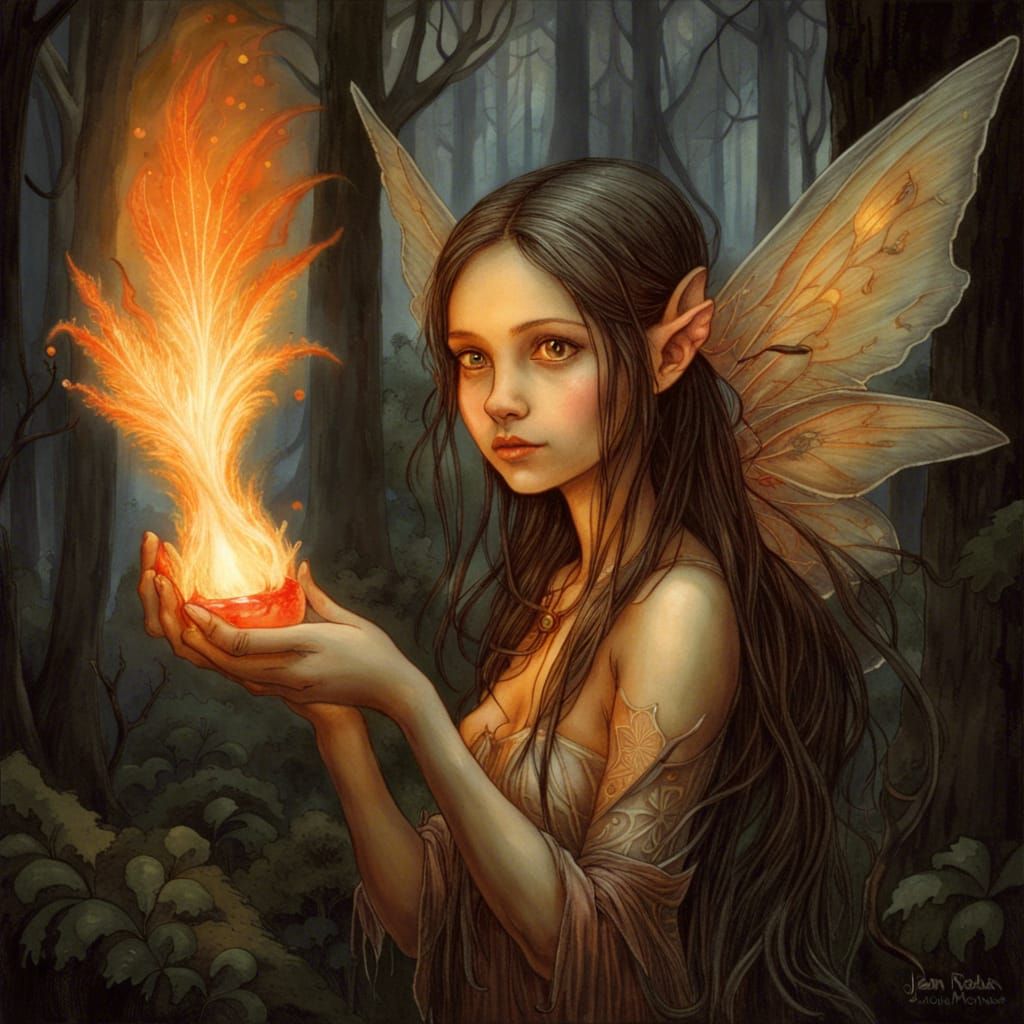 Fire Fairy with Flame in Enchanted Forest