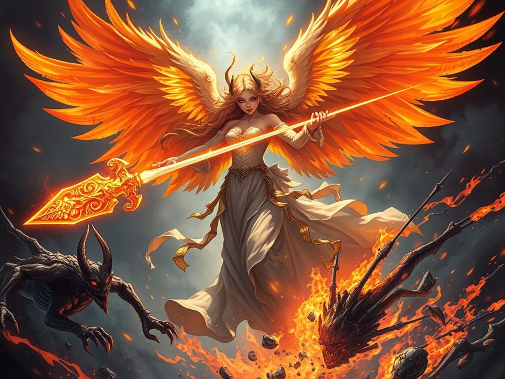 Fiery Angel Fights Twisted Demon in Celestial Battle