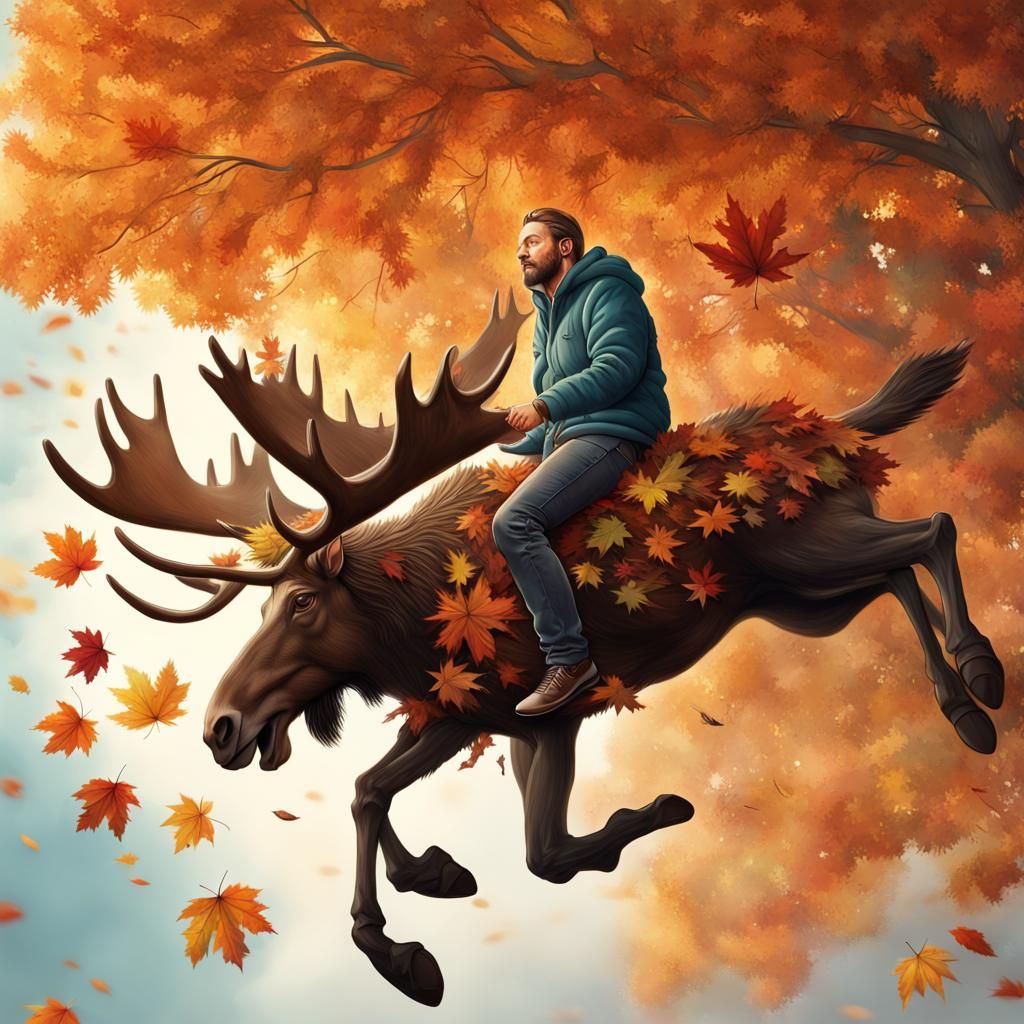 Flying Moose Amidst Autumn Leaves