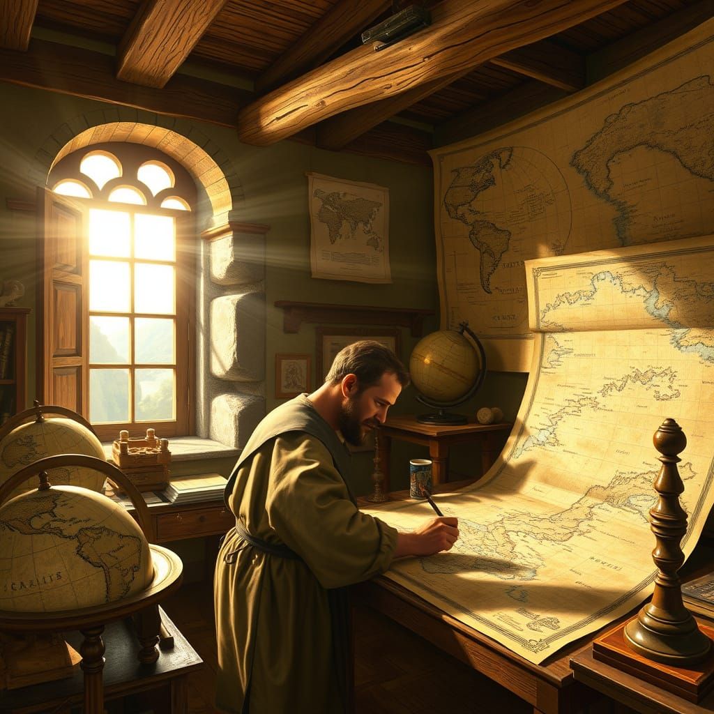 Renaissance Mapmaker in Cozy Study