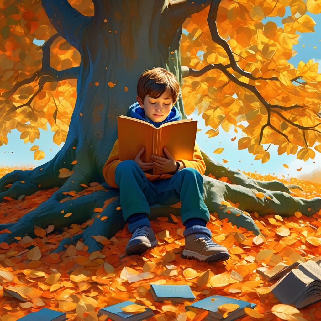 Child Reading Under Autumn Tree, Matte Painting