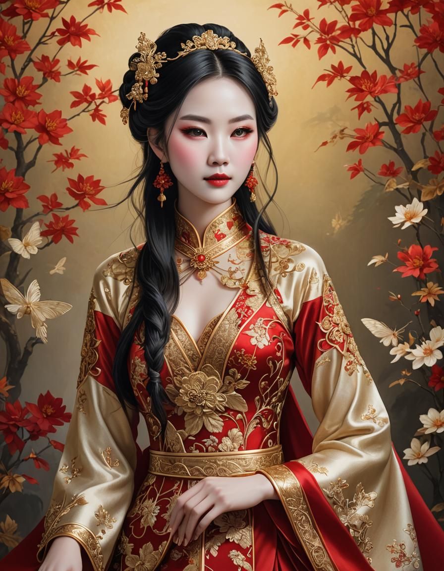 Very beautiful young Chinese fairy woman with pale skin in a...