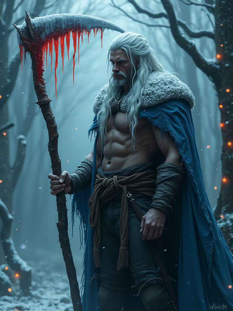 Icy Scythe Wielding Man in Christmas Horror Forest