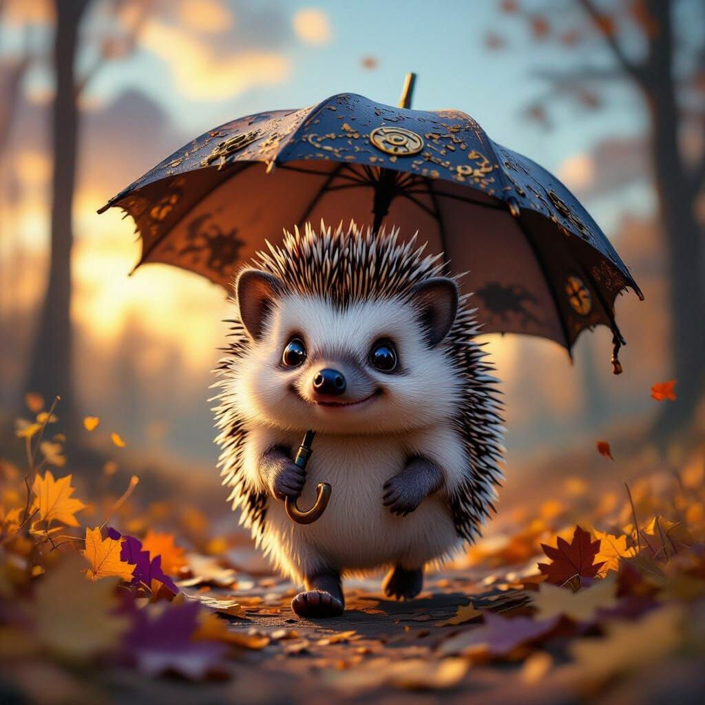 Cute Hedgehog with Steampunk Umbrella in Autumn Forest