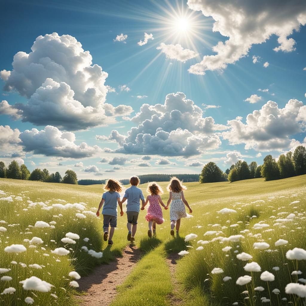 Children Playing in Sunny Meadow with Clouds