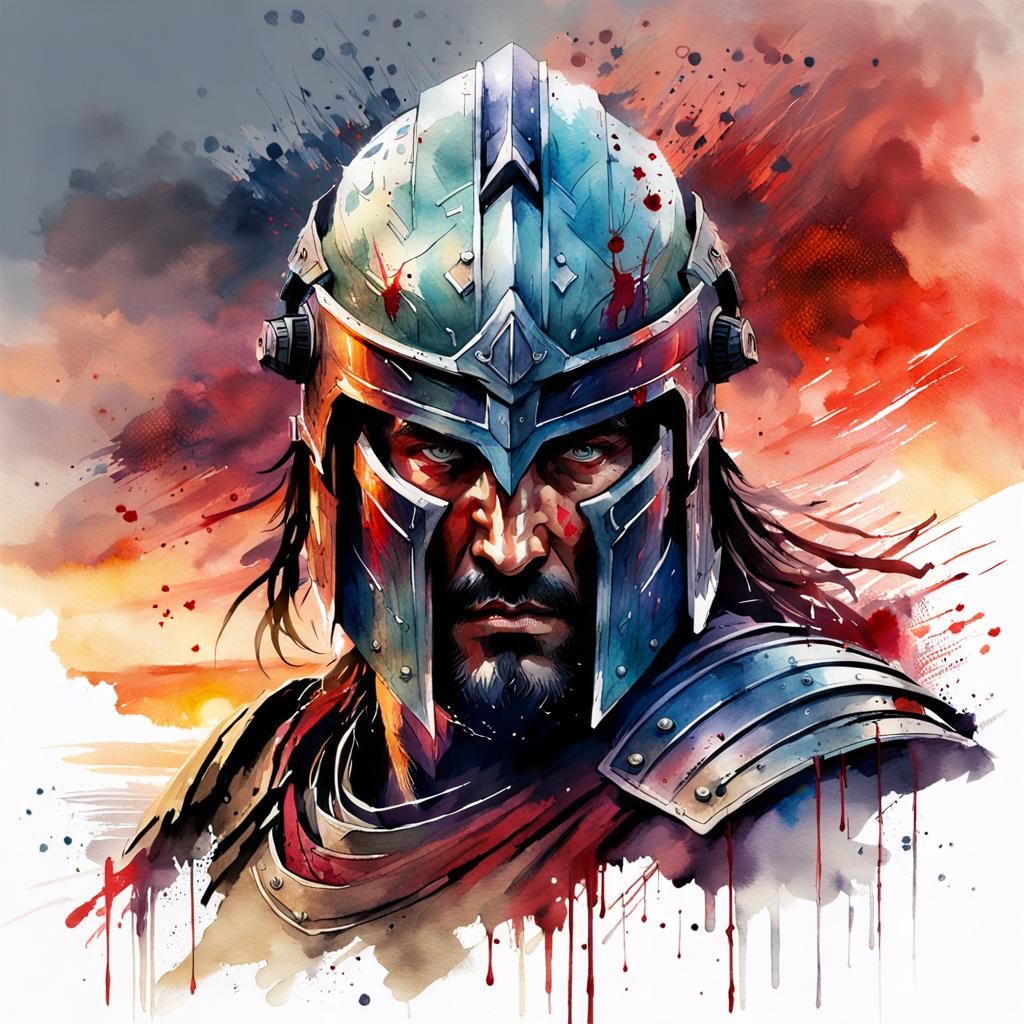 Spartan Warrior in Sci-Fi Battle, Watercolor Art