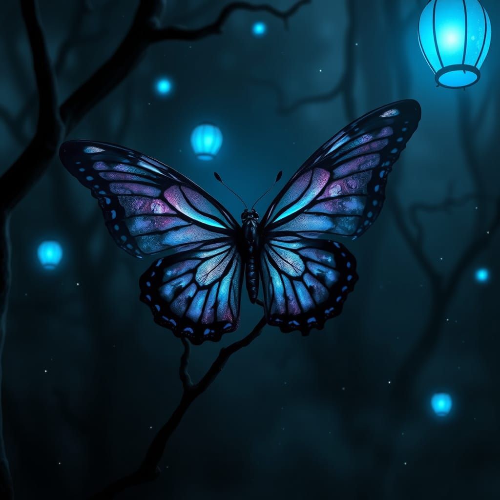 Ethereal Gothic Butterfly in a Dark, Mystical Forest