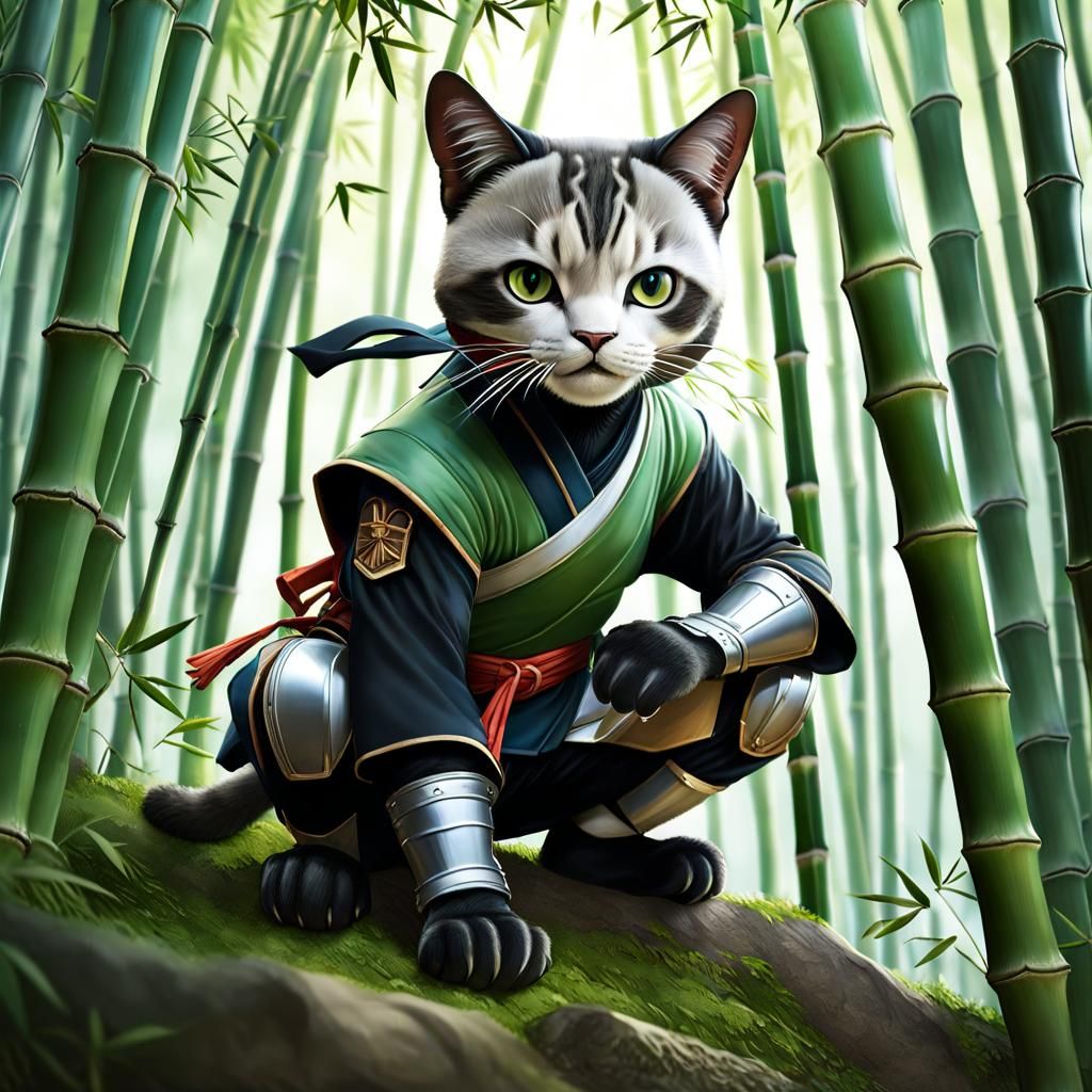 Anthropomorphic Cat Ninja in Bamboo Forest
