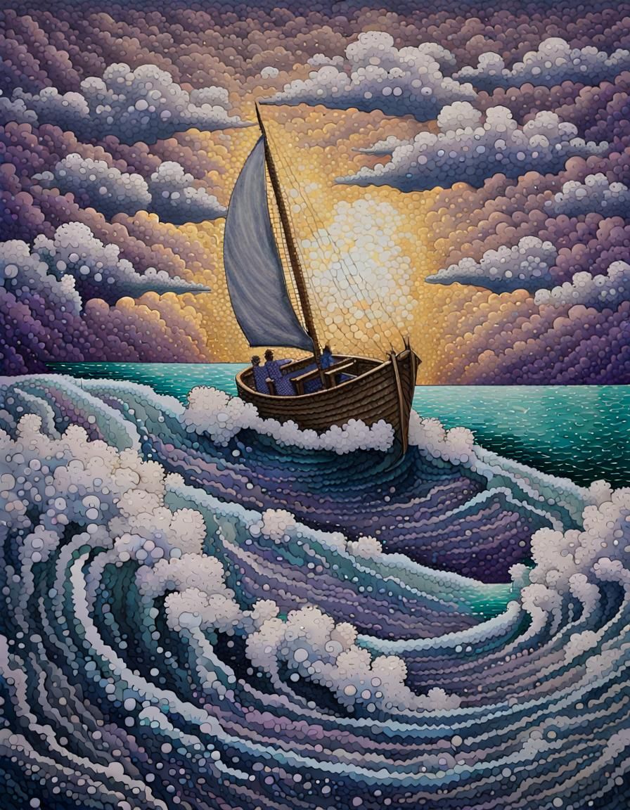 Pointillist Boat on Stormy Ocean in Vivid Colors