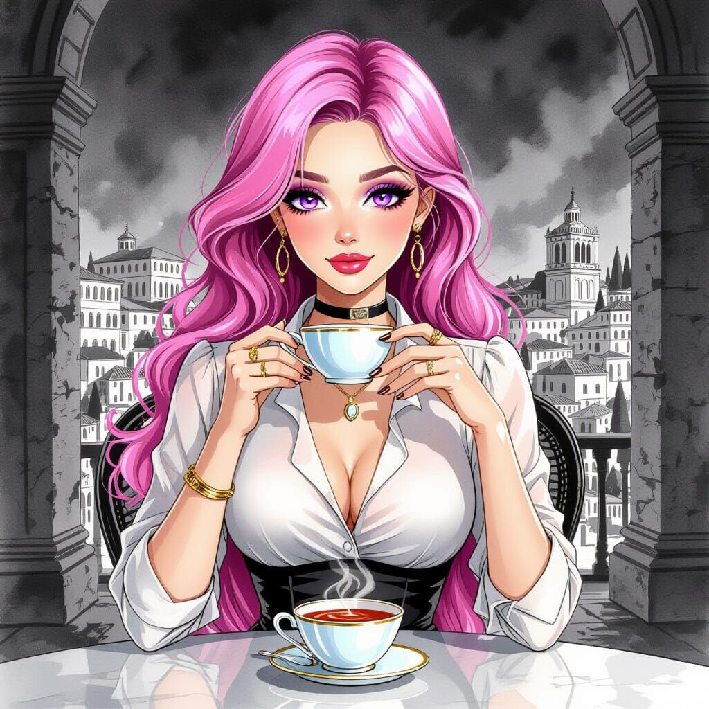 Pink Haired Woman Sipping Tea in Rome: Ink Art