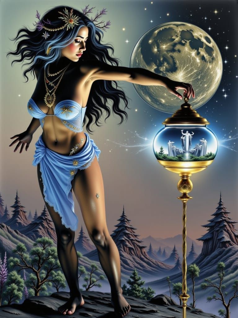 Hyperrealist Maiden Gazes at Crystal Orb on Ledge