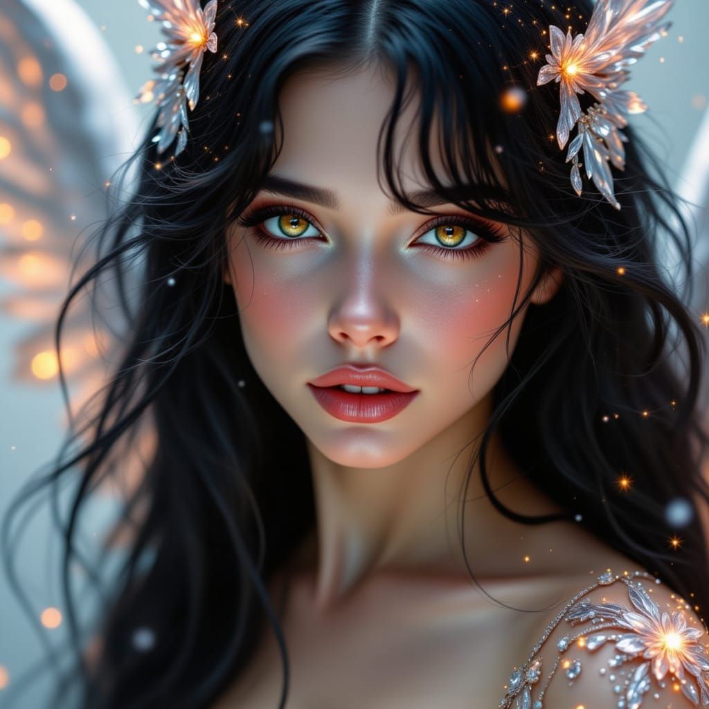 Fantasy Angel with Black Hair in Pre-Raphaelite Style